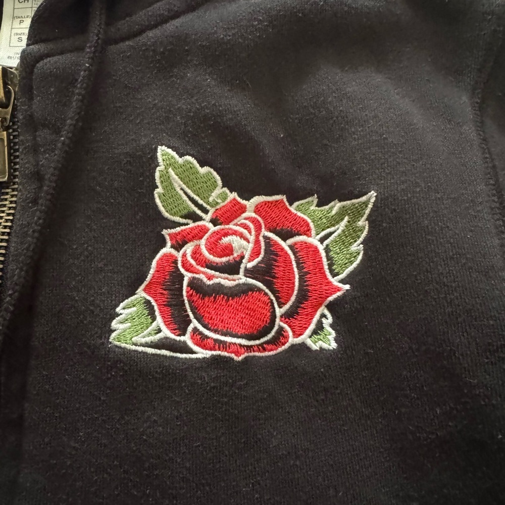RARE Disney Parks Mickey Mouse Tattoo Roses Hoodie Zip-Up w/Embellishments Sz.S - Picture 3 of 8
